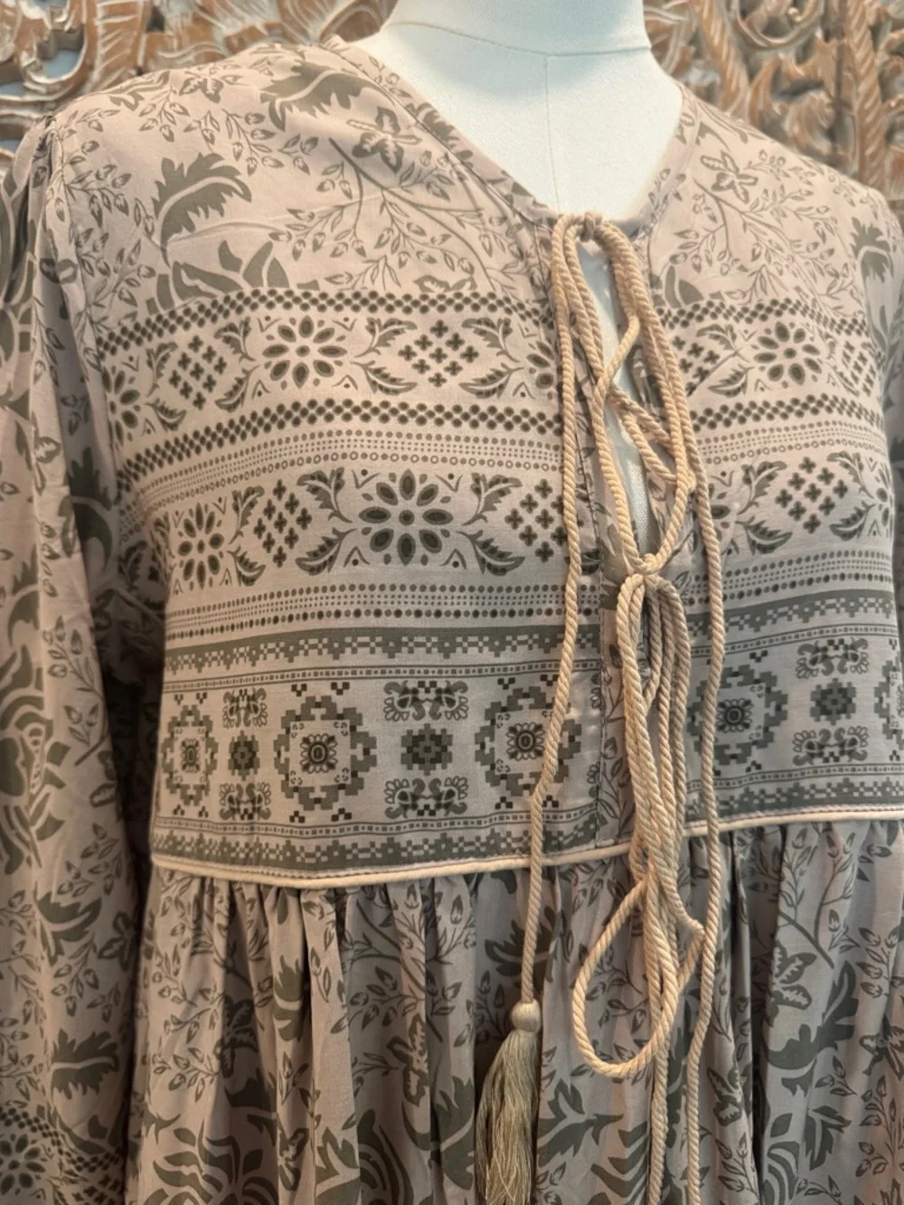 R. Vivimos Cream& Sage Bohemian Floral Flowy Midi Dress, Lightweight Comfy! - Picture 4 of 16